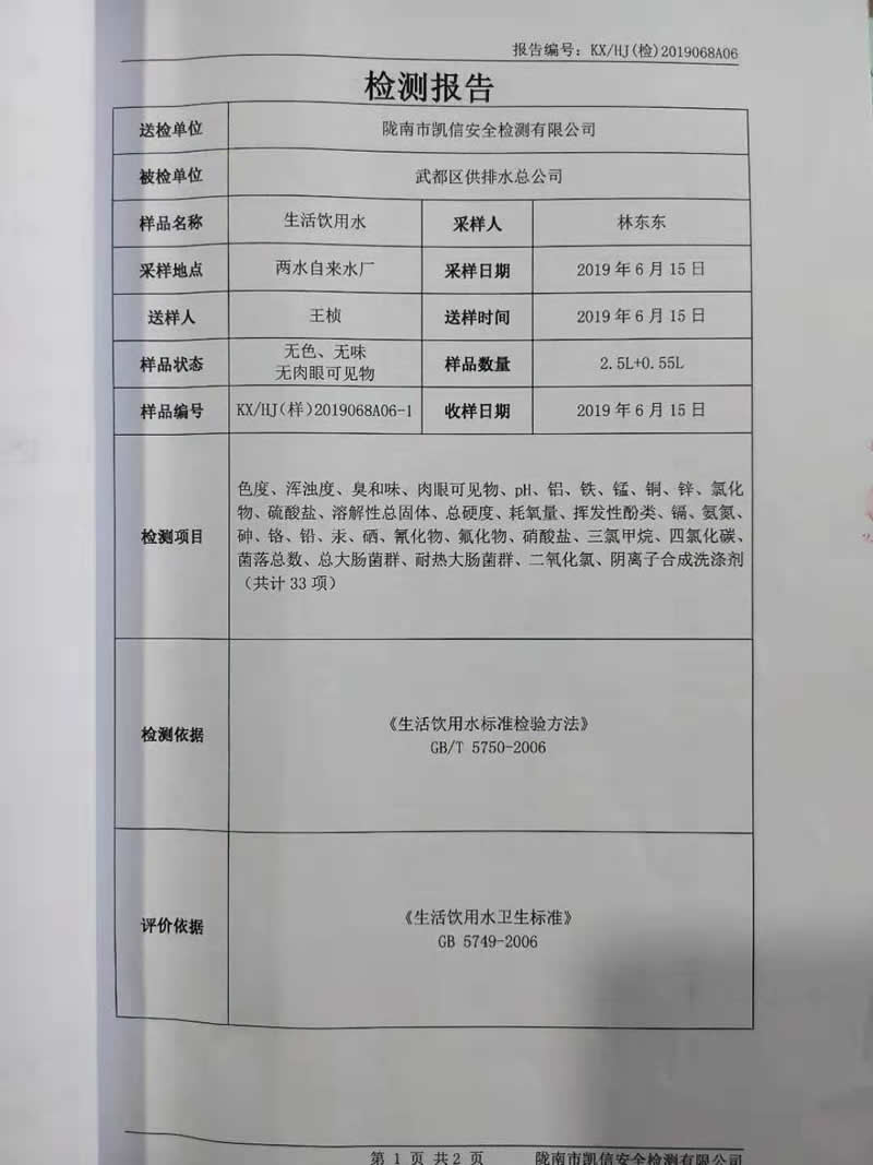 2019年6月26日武都城区饮用水检测报告