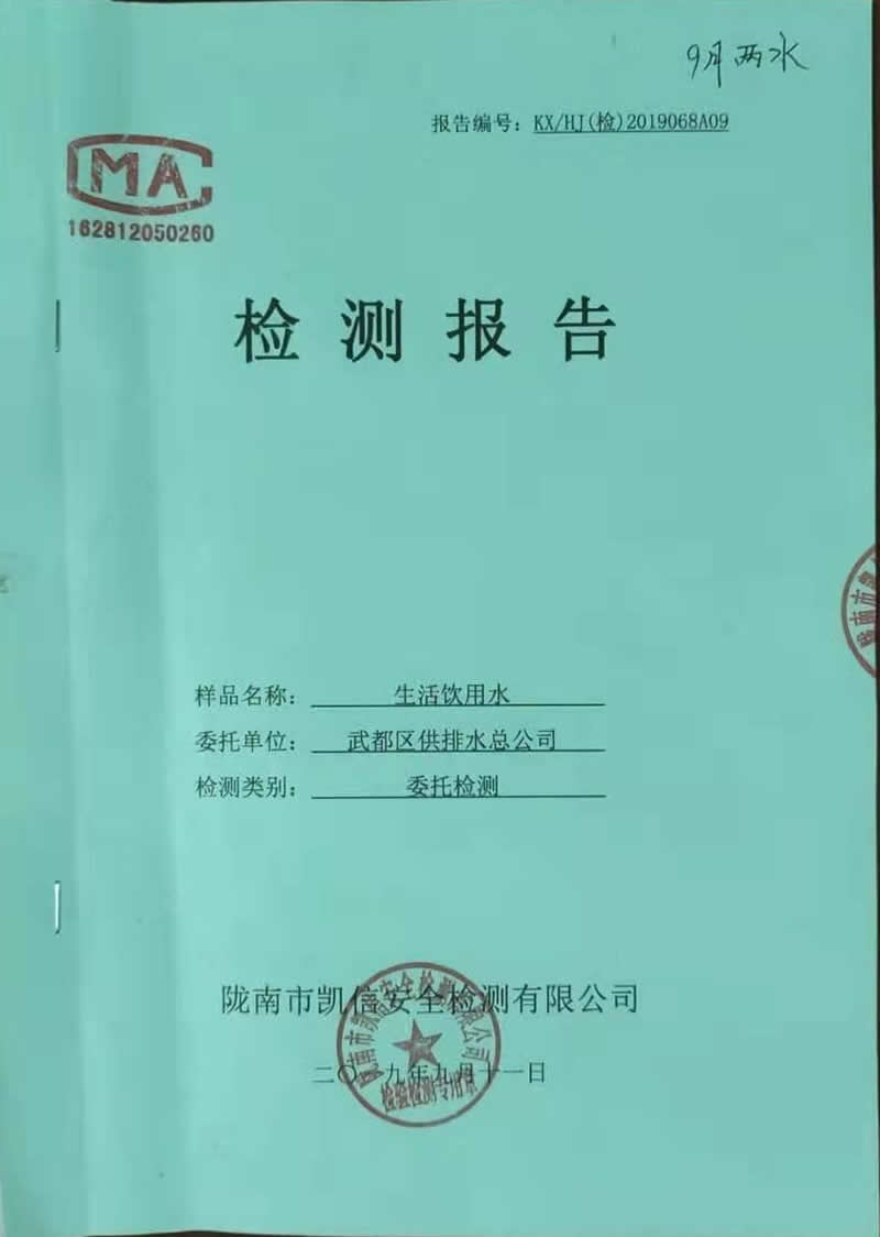2019年9月11日武都城区饮用水检测报告