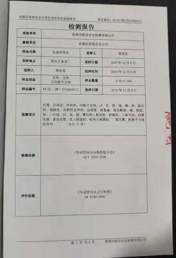 2019年12月11日武都城区饮用水检测报告