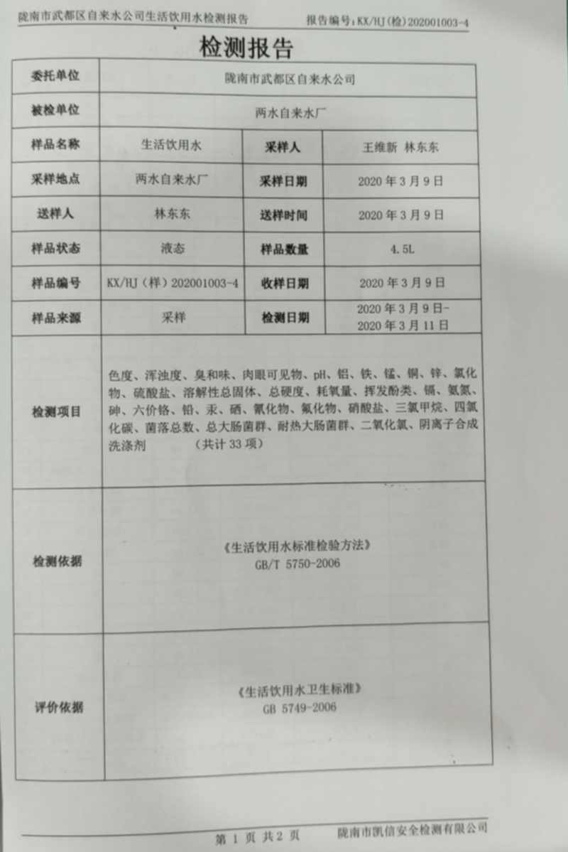 2020年3月17日武都城区饮用水检测报告