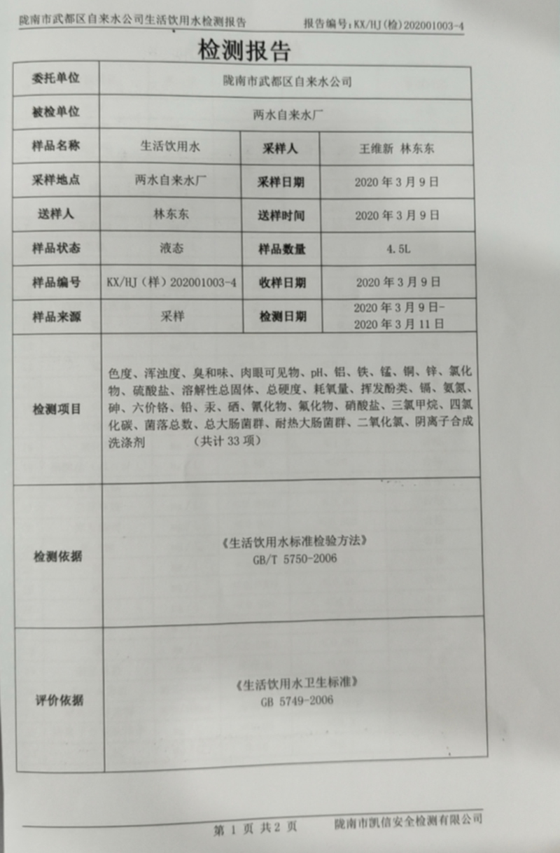 2020年3月17日武都城区饮用水检测报告