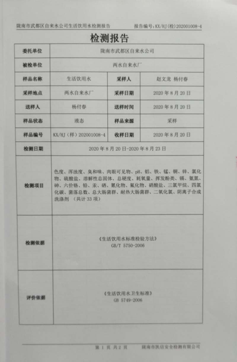 2020年8月24日武都城区饮用水检测报告