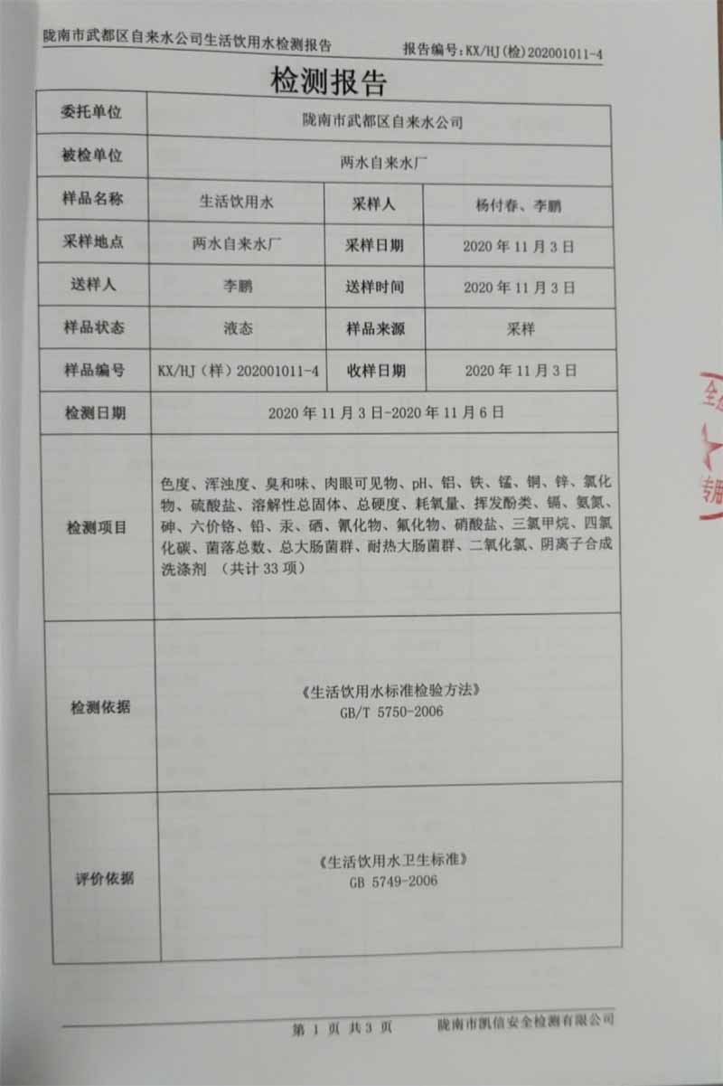 2020年11月7日武都城区饮用水检测报告