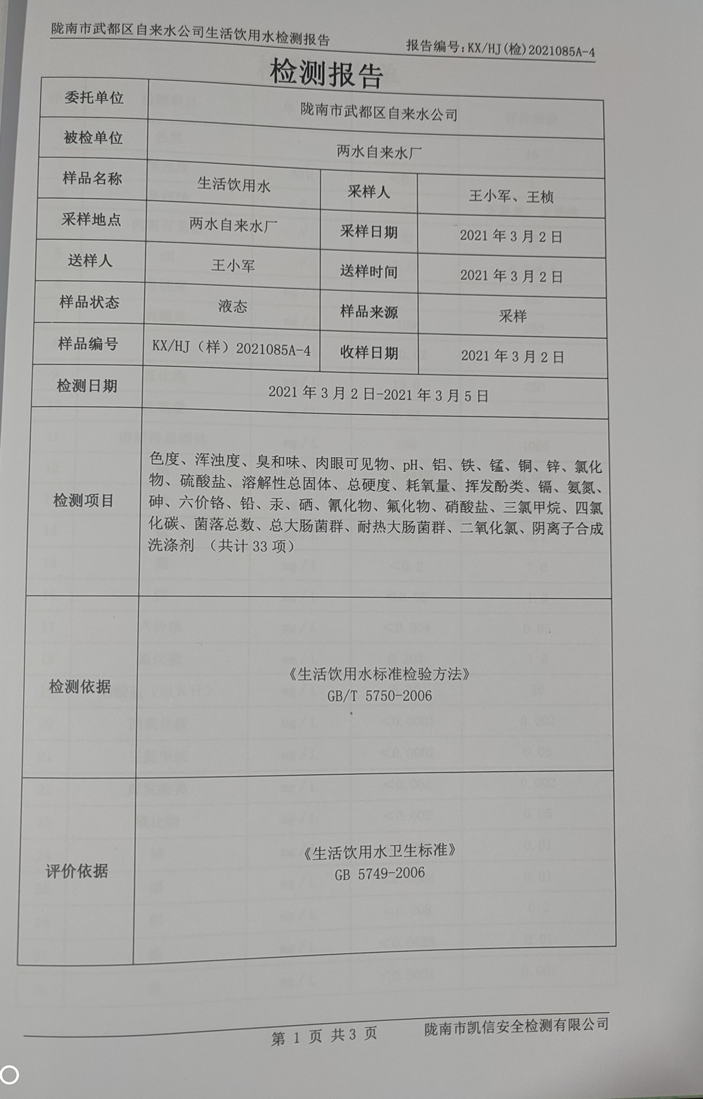 2021年3月10日武都城区饮用水检测报告