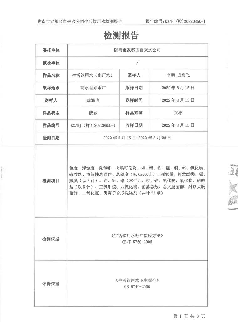 2022年8月25日武都城区饮用水检测报告