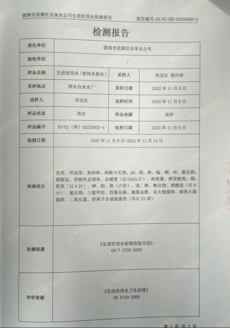 2022年12月16日武都城区饮用水检测报告