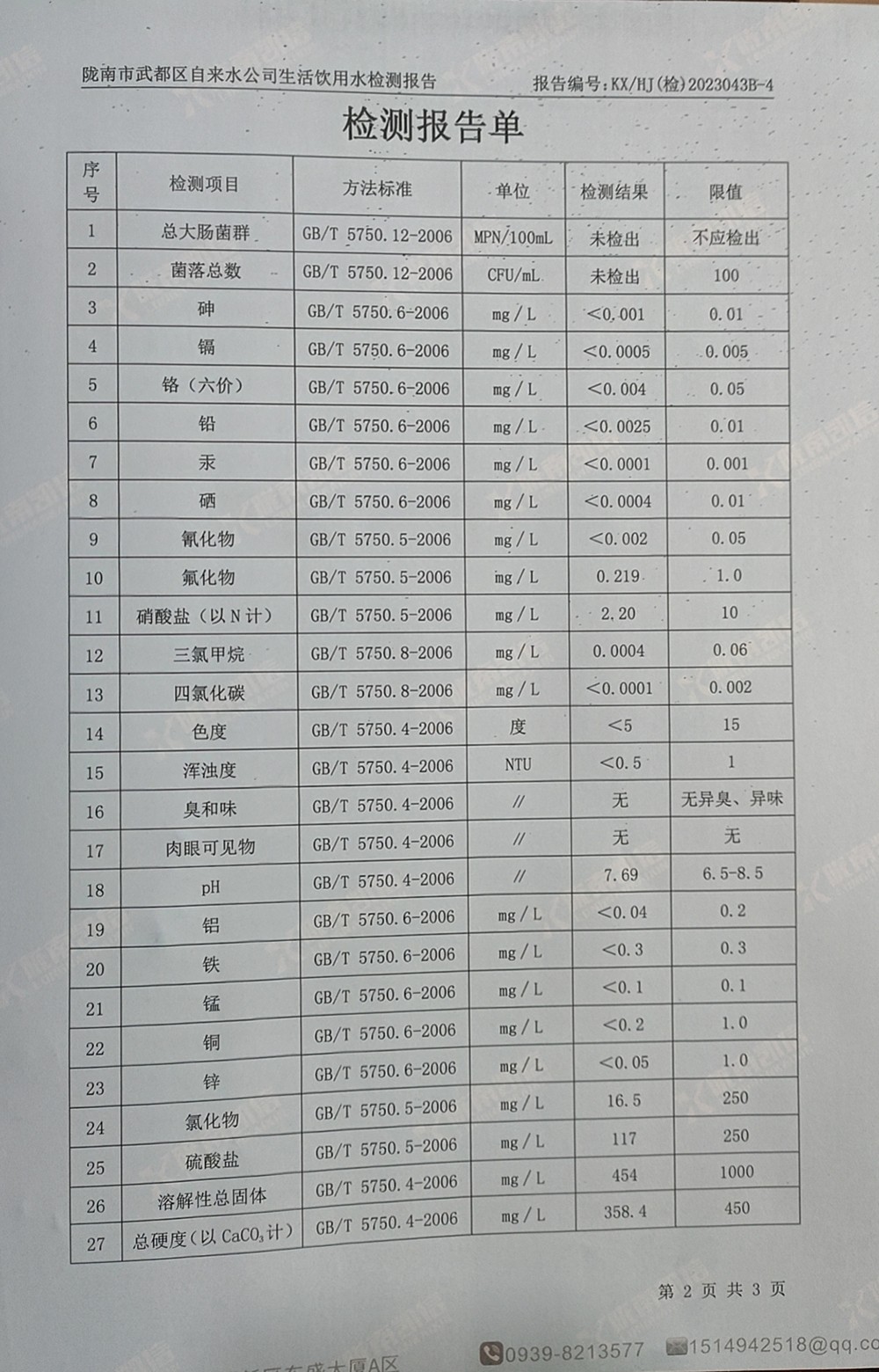 2023年5月12日武都城区饮用水检测报告