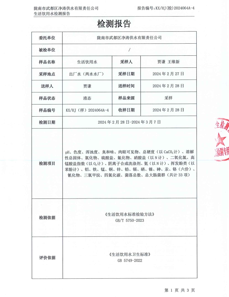 2024年3月8日武都城区饮用水检测报告