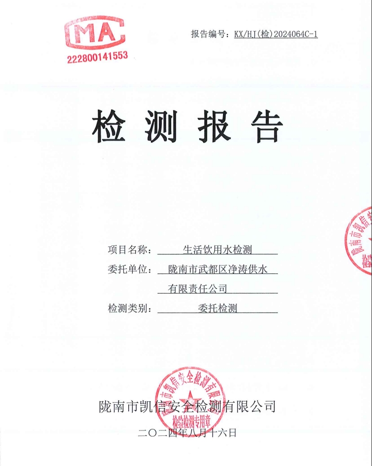 2024年8月16日武都城区饮用水检测报告