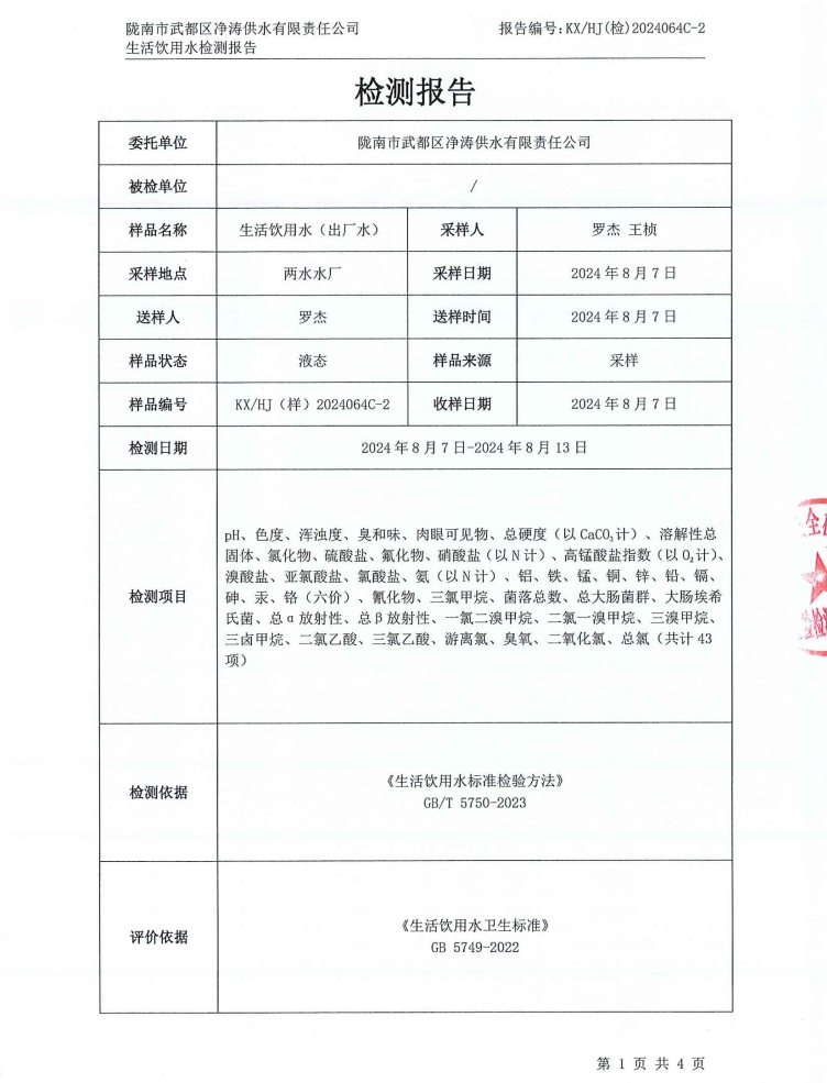 2024年8月16日武都城区饮用水检测报告