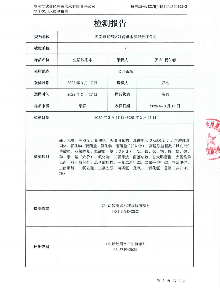 2025年3月21日武都城区饮用水检测报告