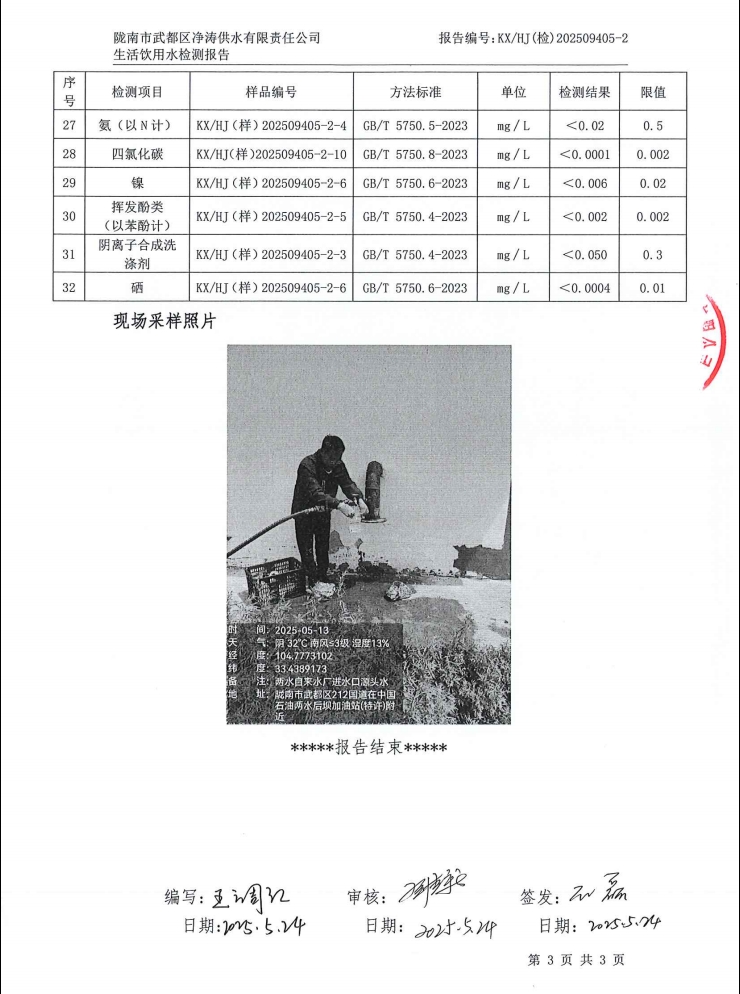 2025年5月24日武都城区饮用水检测报告