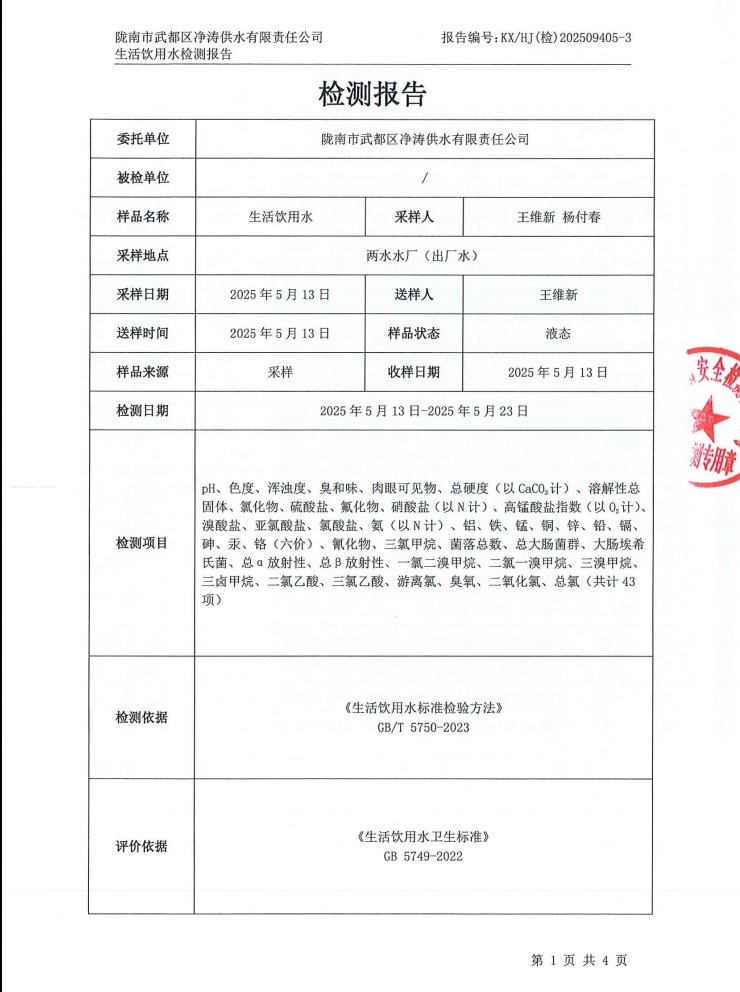 2025年5月24日武都城区饮用水检测报告