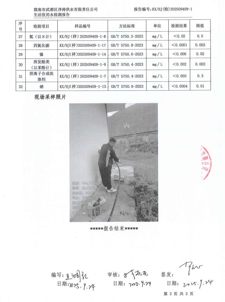 2025年9月24日武都城区饮用水检测报告