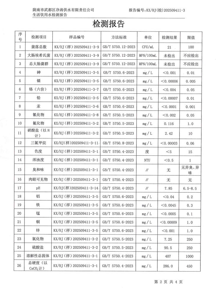 2025年12月4日武都城区饮用水检测报告