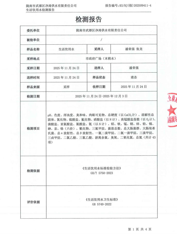 2025年12月4日武都城区饮用水检测报告
